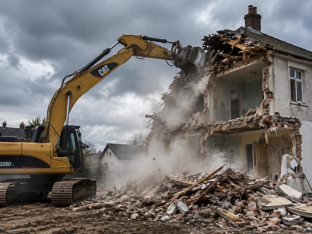 Excavator demolishing an old house with debris piled on the site